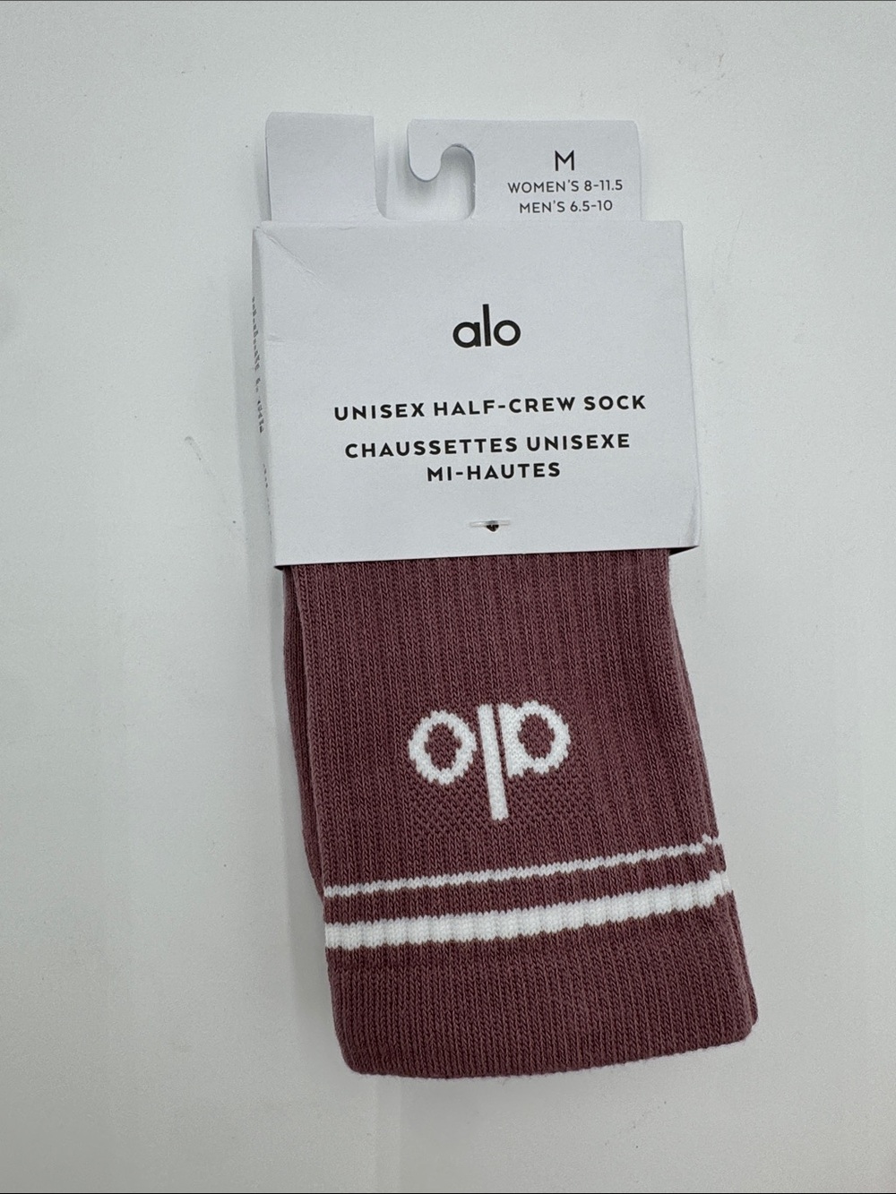 ALO Yoga Unisex Half-Crew Socks in Mauve with White Stripes